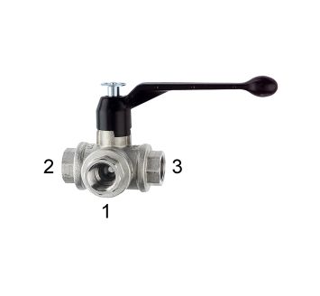 3-way ball valve, L-hole, nickel-plated brass, Rp 1 1/4, DN 32