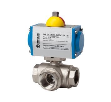 3-way brass ball valve, Pneuma. actuation drive, L-hole, Rp 1 1/4