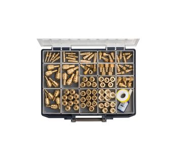 Assortment box with quick disconnect couplings and push-in plugs